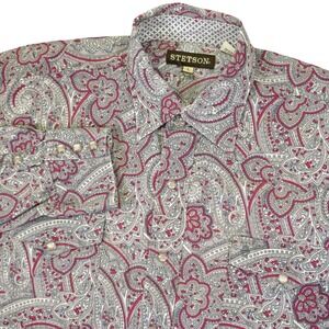 Stetson Western Button Down Shirt Mens Large Grey Paisley Long Sleeve Snap